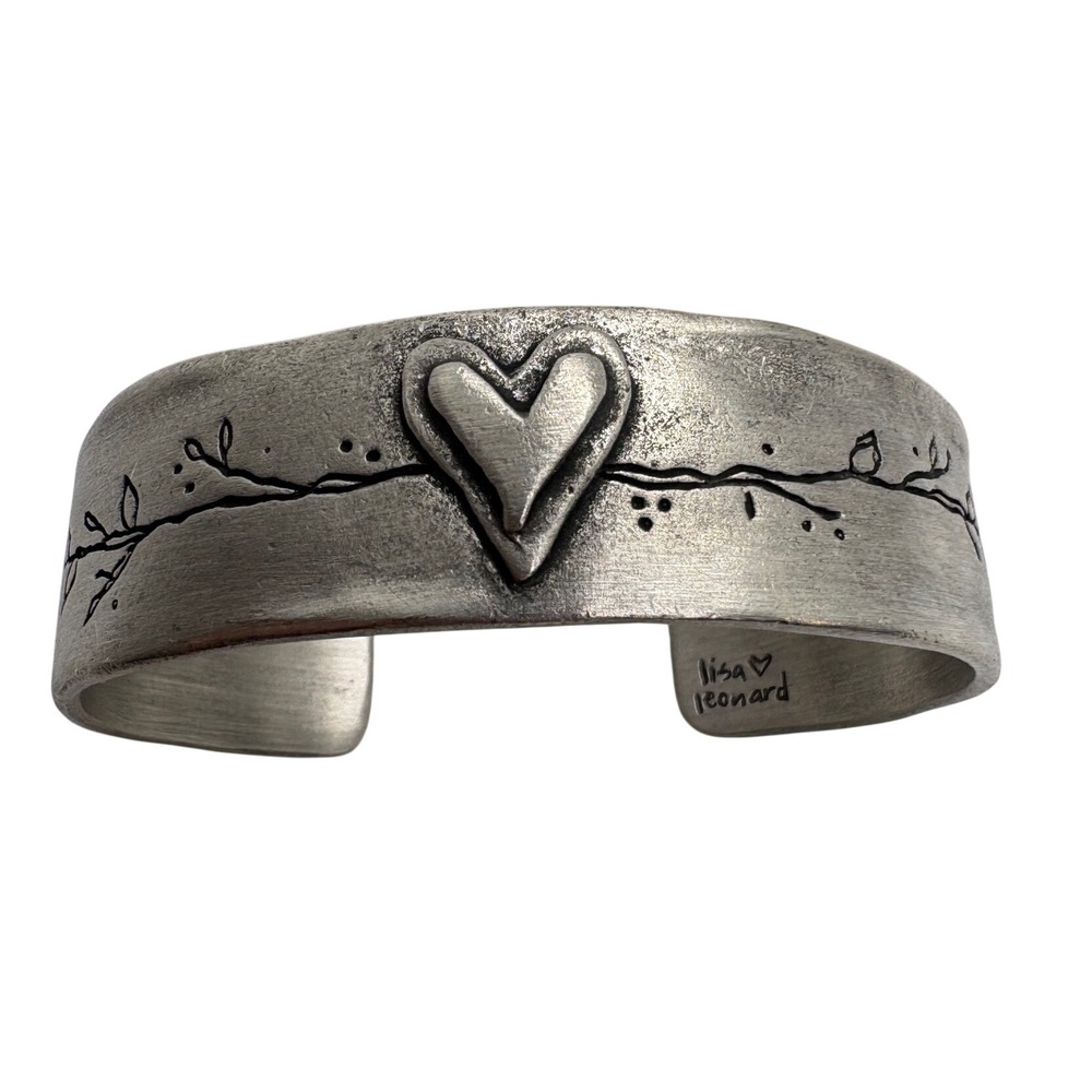 Lisa Leonard Let Love Grow Heart Pewter Cuff Bracelet Handcrafted Silver Tone